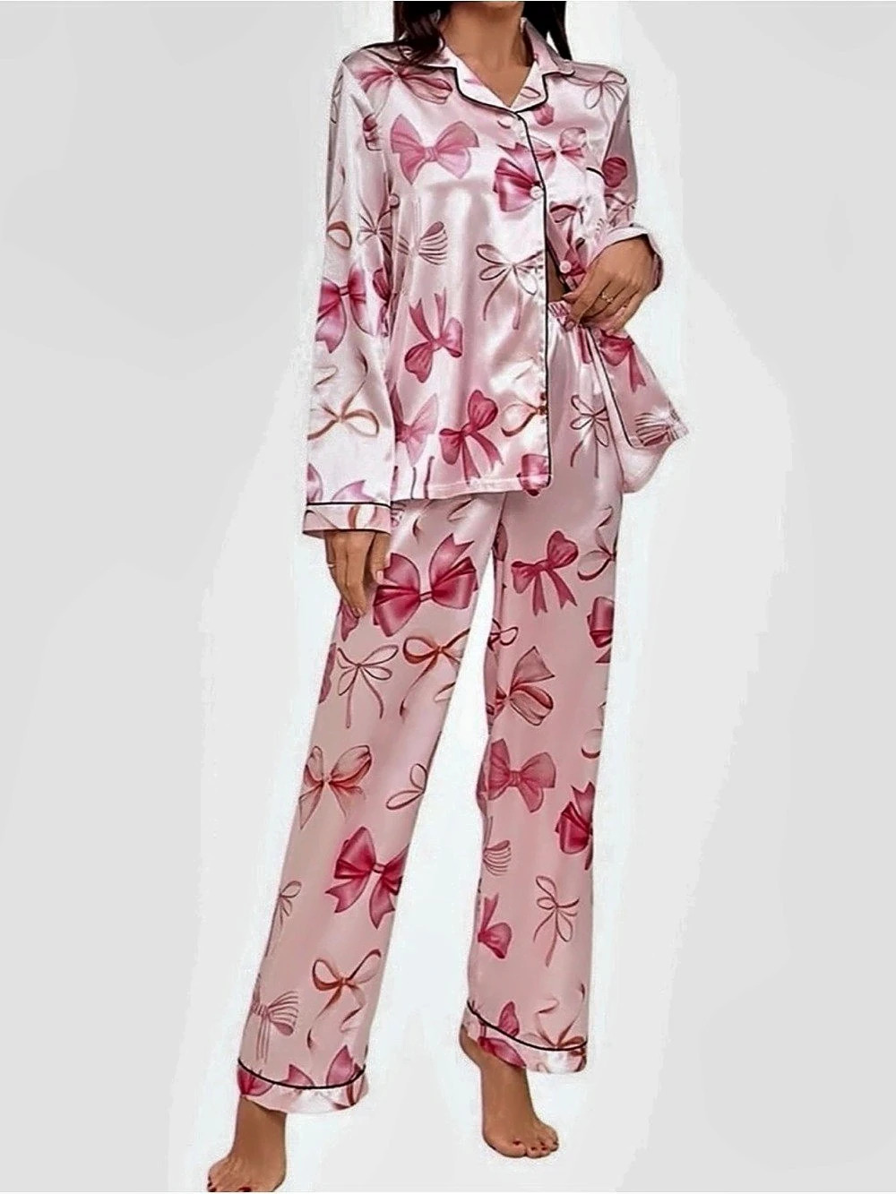 Bow Satin Pink Pajama Set